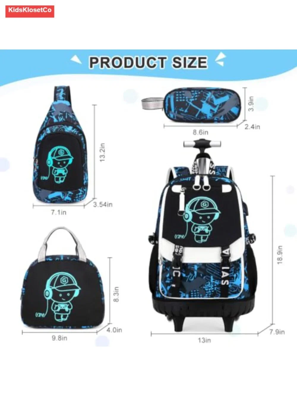 Rolling Backpack for Boys with Wheels, Glow in Dark, Water Resistant, 900D